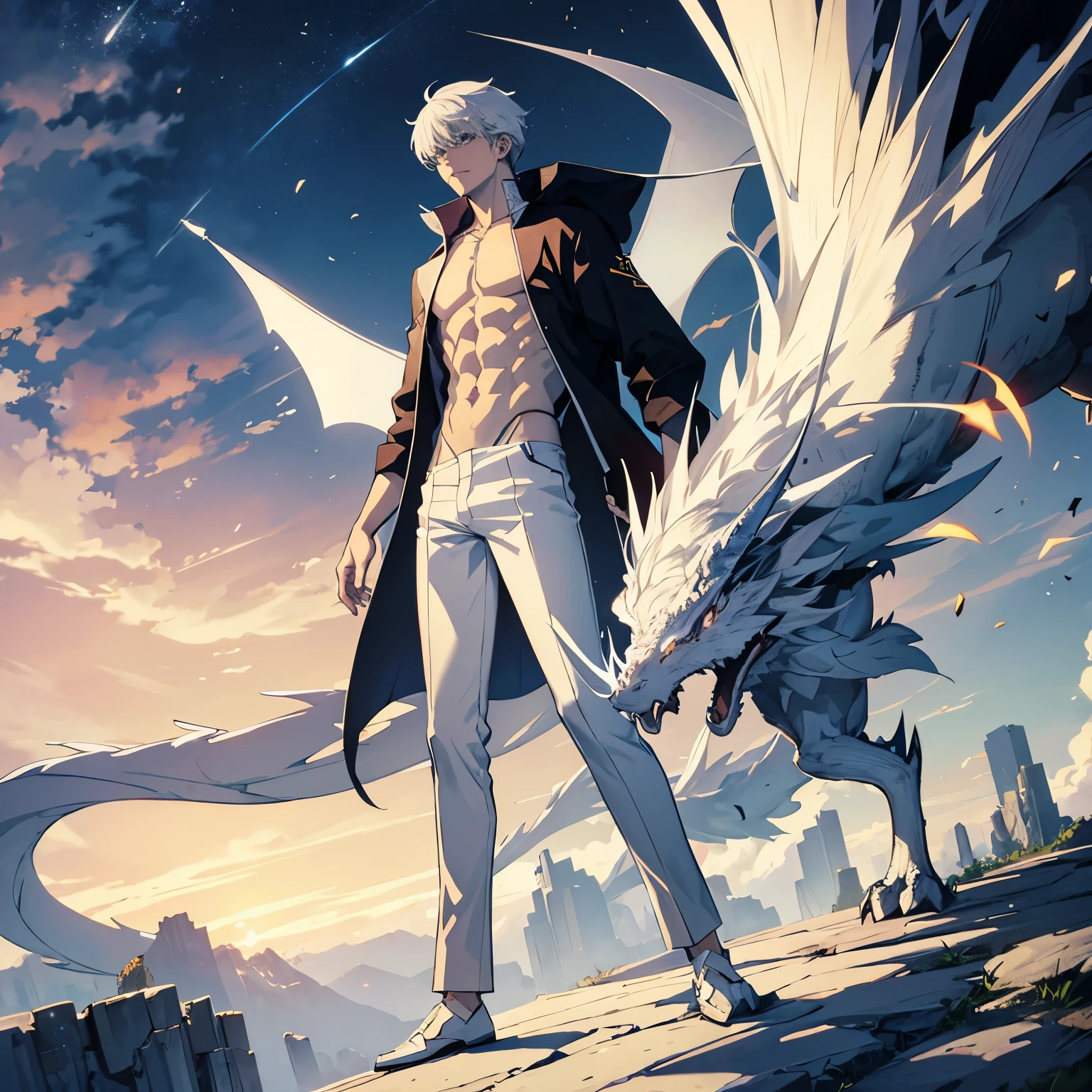 Anime boy with white hair, standing on top of a dragon, shirt off 