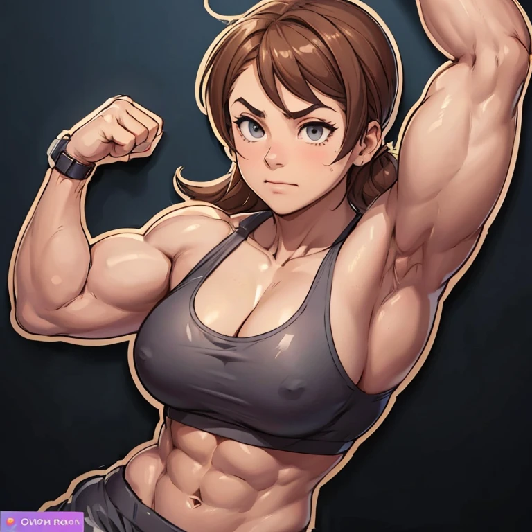 Muscle hypertrophy is significant, especially in the area of the biceps, which are large in size, which may be the result of strength training focused on the expansion of muscle mass. A woman's waist is noticeably narrower in relation to her shoulders, which creates the 'V-taper' effect desired in bodybuilding, i.e. a shape resembling the letter "V" created by the shoulder line leading into a narrow waist. The skin on the arms is smooth and the muscle tone under the skin is clearly visible. Light reflections on the skin suggest that it is smooth and slightly oiled or moist, the 'muscle belly' of the biceps more rounded forms, which may indicate a greater amount of fat tissue, giving the figure a softer and fuller shape Bulk body type well-defined abdominal oblique muscles, 1. **Biceps**: 36 cm in circumference 2. **Chest**: 100 cm circumference 3. **Waist**: 70 cm circumference 4. **Hips**: 95 cm circumference 5. **Thigh**: 60 cm circumference