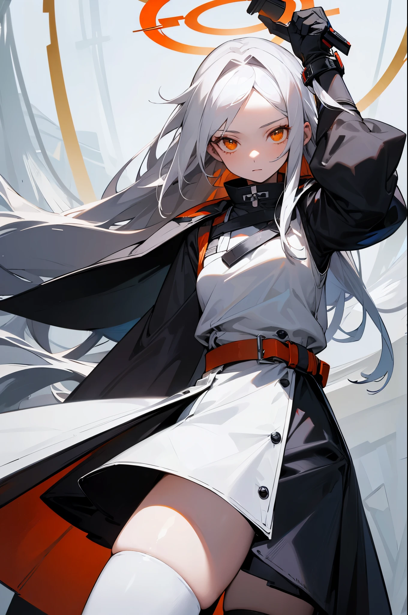 (masterpiece), best quality, detailed eyes, mild orange eyes, white skinned, gray + white hair, halo, black + dark blue + dark red clothing, belts, long hair, thigh high, gloves black,medium long skirt