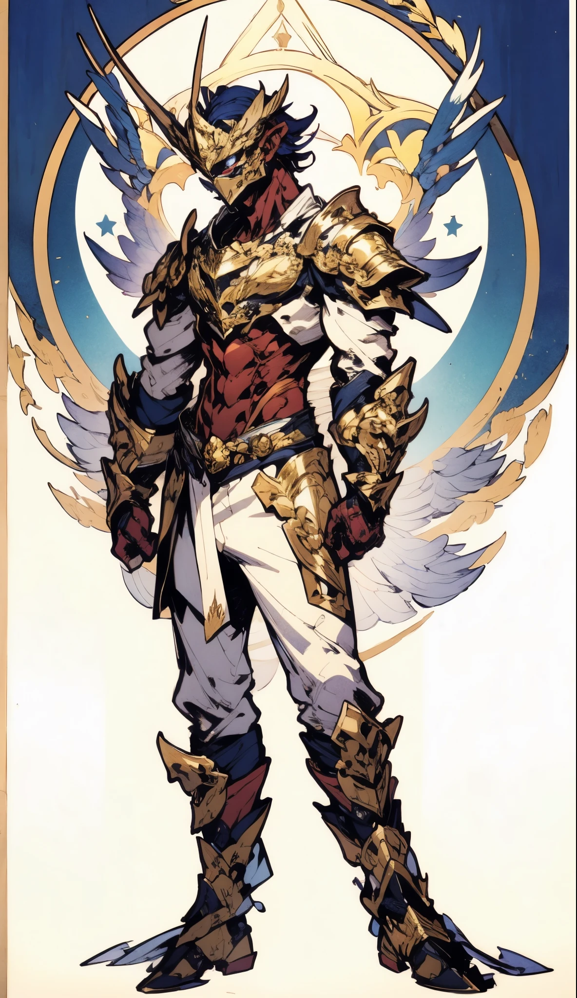 A man with short golden hair slicked back, his face entirely obscured by a Dynastinae concept mask, full mask, cold gaze, clad in an indigo blue fantasy-style Dynastinae concept chest plate, his arms and legs are clad in matching armor, he wears a white undershirt and trousers with golden stripes, standing within a magnificent fantasy-style palace, this character embodies a finely crafted fantasy-style masked light armor warrior in anime style, exquisite and mature manga art style, high definition, best quality, highres, ultra-detailed, ultra-fine painting, extremely delicate, professional, perfect body proportions, golden ratio, anatomically correct, symmetrical face, extremely detailed eyes and face, high quality eyes, creativity, RAW photo, UHD, 32k, Natural light, cinematic lighting, masterpiece-anatomy-perfect, masterpiece:1.5