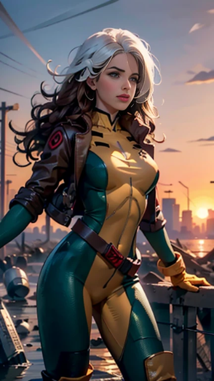 Emily Bett Rickards、Wet、full body figure, long hair, brown hair, green eyes, lipstick, compensate, lips,Emphasize cleavage、 sexy、White stripes in hair, like, wavy hair, messy hair, curly hair, middle～big breasts, Surface Plot, ((Kelli Berglund:Bailee Madison:0.5)), 黄colorのスーツ, Jacket, gloves, belt, gloves amarillos, Green Suit, (body suit:1.4), Traje multicolor, (superhero:1.4), tight skin, Ropa multicolor, Garden and wisteria background, official art, extremely detailed CG 8k wallpaper, perfect lighting, De color, bright_amount_method_light, piel bright, (masterpiece:1.0), (Better_quality:1.0), ultra high resolution, 4k , Super detailed, director of photography, 8k, HDR, Altas Resolightones, (disorganized:1.2), kodak portrait 400, film grain, blurred background, (Bokeh:1.2), Lens flare, (lively_color:1.2), professional photography, (beautiful_method:1.5),More detailed 8K.unreal engine:1.4,Hmm,La Better calidad:1.4, realistic:1.4, skin temperature:1.4, masterpiece:1.8,masterpiece, Better calidad,object object], (detailed facial features:1.3),(Antesedentes apocalyptic destroyed city:1.4), (Apocalyptic Sunset:1.4)