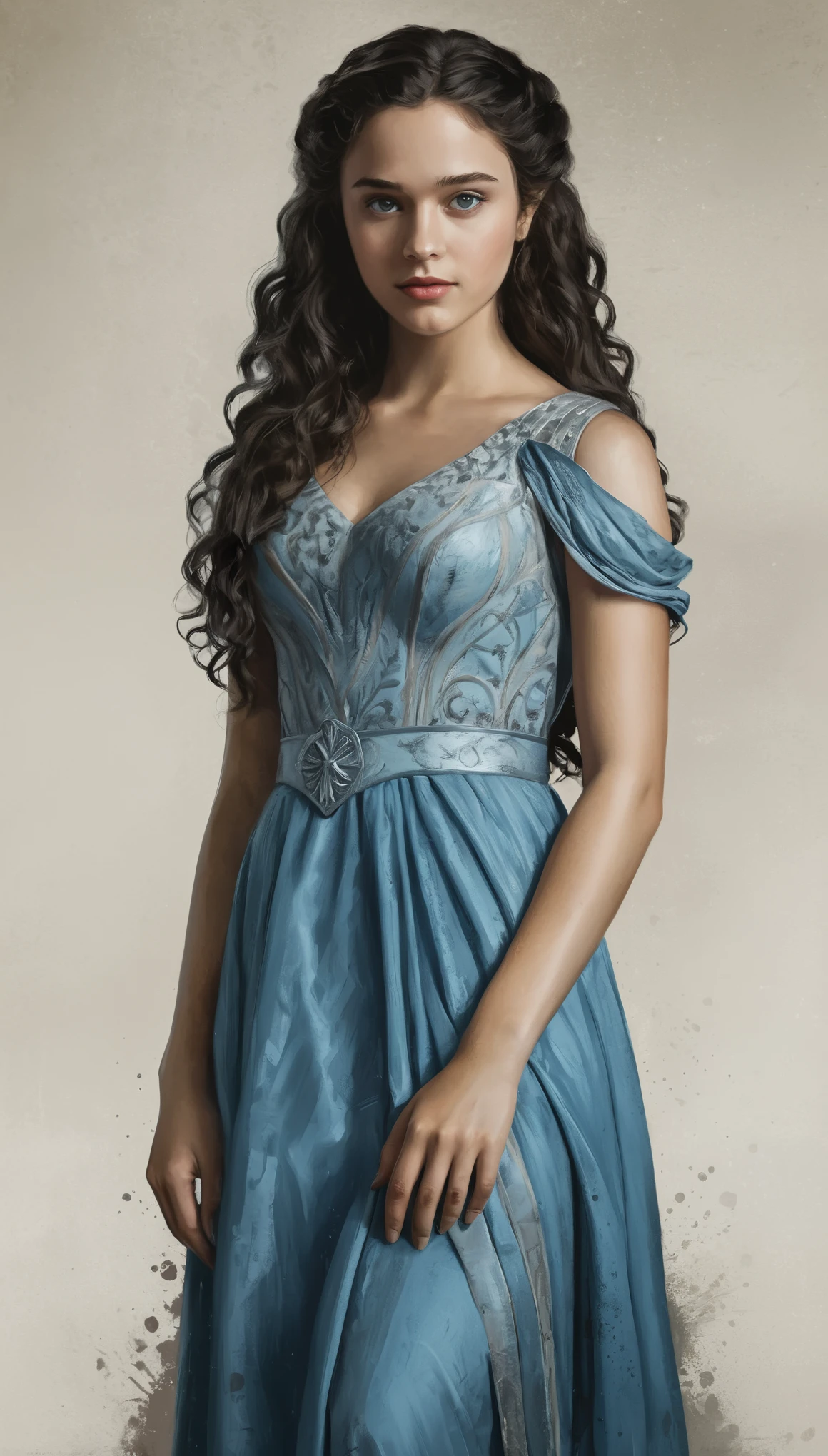 An illustrated movie poster, hand-drawn, full color, a Westerosi teenage girl, wearing a regal dress, olive complexion, glacier blue eyes, dark hair, long loose curls, waist-length hair, posing on a pedestal, hard shadows, graphite shading, stencil marks, airbrushed acrylic paint, masterpiece, in the style of Game of Thrones 