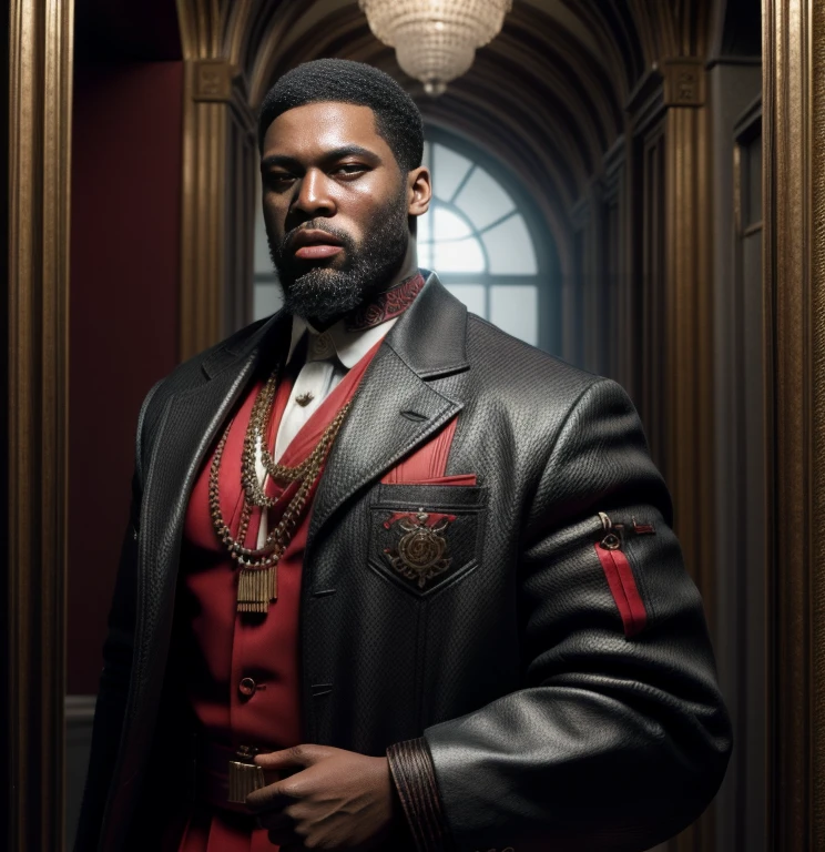 araffe dressed in a red and black outfit standing in a hallway, maxwell render, in dark long sleeve with grey and red accents, epic portrait, high quality portrait, 8k portrait render, streetwear, portrait shot, portrait of a king, closeup portrait shot, portrait mode, detailed portrait shot, portrait mode photo, a portrait of the character, shot on canon eos r5, STRONG BLESSED GODLY MAN who is confident, ambitious, warrior spirited, god like presence, AFRICAN AMERICAN, Melanin skin tone, calm, composed, reserved, observant, patient, 50 cent energy, Hova influenced clothing style, beard, High fashion, city palace,