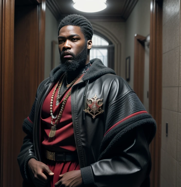 araffe dressed in a red and black outfit standing in a hallway, maxwell render, in dark long sleeve with grey and red accents, epic portrait, high quality portrait, 8k portrait render, streetwear, portrait shot, portrait of a king, closeup portrait shot, portrait mode, detailed portrait shot, portrait mode photo, a portrait of the character, shot on canon eos r5, STRONG BLESSED GODLY MAN who is confident, ambitious, warrior spirited, god like presence, AFRICAN AMERICAN, Melanin skin tone, calm, composed, reserved, observant, patient, 50 cent energy, Hova influenced clothing style, beard, High fashion, city palace,
