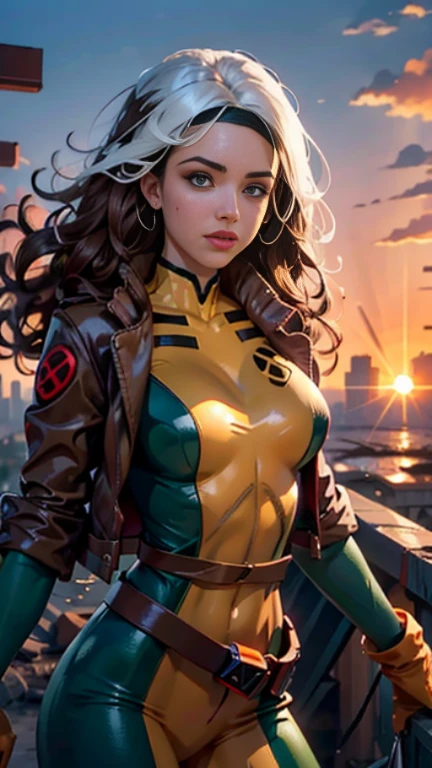 jessica alba、Wet、full body figure, long hair, brown hair, green eyes, lipstick, compensate, lips,Emphasize cleavage、 sexy、White stripes in hair, like, wavy hair, messy hair, curly hair, middle～big breasts, Surface Plot, ((Kelli Berglund:Bailee Madison:0.5)), 黄colorのスーツ, Jacket, gloves, belt, gloves amarillos, Green Suit, (body suit:1.4), Traje multicolor, (superhero:1.4), tight skin, Ropa multicolor, Garden and wisteria background, official art, extremely detailed CG 8k wallpaper, perfect lighting, De color, bright_amount_method_light, piel bright, (masterpiece:1.0), (Better_quality:1.0), ultra high resolution, 4k , Super detailed, director of photography, 8k, HDR, Altas Resolightones, (disorganized:1.2), kodak portrait 400, film grain, blurred background, (Bokeh:1.2), Lens flare, (lively_color:1.2), professional photography, (beautiful_method:1.5),More detailed 8K.unreal engine:1.4,Hmm,La Better calidad:1.4, realistic:1.4, skin temperature:1.4, masterpiece:1.8,masterpiece, Better calidad,object object], (detailed facial features:1.3),(Antesedentes apocalyptic destroyed city:1.4), (Apocalyptic Sunset:1.4)