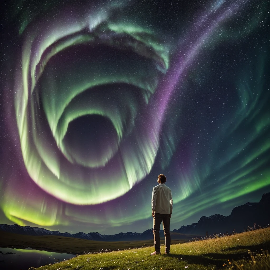 Photo of a young man, raw and unfiltered, embarking on an extraordinary cosmic journey, encapsulated by the mesmerizing and otherworldly hues of a transcendental psychedelic experience. He stands gracefully amidst a vast field of lush green grass, his feet grounded in the earthly realm while his gaze reaches for the infinite expanse above. The sky above him is adorned with a celestial tapestry of twinkling stars, where the ethereal dance of the Northern Lights weaves a captivating display of vibrant colors. The atmosphere permeates with an overwhelming sense of awe and enchantment, forging a deep connection between the protagonist and the cosmic wonders of nature. A masterpiece of photography, this image captures the harmonious fusion of man and universe in all its photoreal