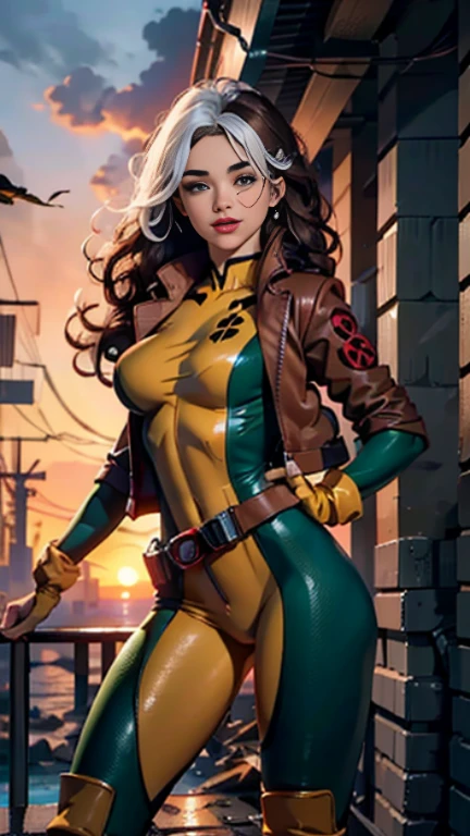 Miranda Kerr、Wet、full body figure, long hair, brown hair, green eyes, lipstick, compensate, lips,Emphasize cleavage、 sexy、White stripes in hair, like, wavy hair, messy hair, curly hair, middle～big breasts, Surface Plot, ((Kelli Berglund:Bailee Madison:0.5)), 黄colorのスーツ, Jacket, gloves, belt, gloves amarillos, Green Suit, (body suit:1.4), Traje multicolor, (superhero:1.4), tight skin, Ropa multicolor, Garden and wisteria background, official art, extremely detailed CG 8k wallpaper, perfect lighting, De color, bright_amount_method_light, piel bright, (masterpiece:1.0), (Better_quality:1.0), ultra high resolution, 4k , Super detailed, director of photography, 8k, HDR, Altas Resolightones, (disorganized:1.2), kodak portrait 400, film grain, blurred background, (Bokeh:1.2), Lens flare, (lively_color:1.2), professional photography, (beautiful_method:1.5),More detailed 8K.unreal engine:1.4,Hmm,La Better calidad:1.4, realistic:1.4, skin temperature:1.4, masterpiece:1.8,masterpiece, Better calidad,object object], (detailed facial features:1.3),(Antesedentes apocalyptic destroyed city:1.4), (Apocalyptic Sunset:1.4)