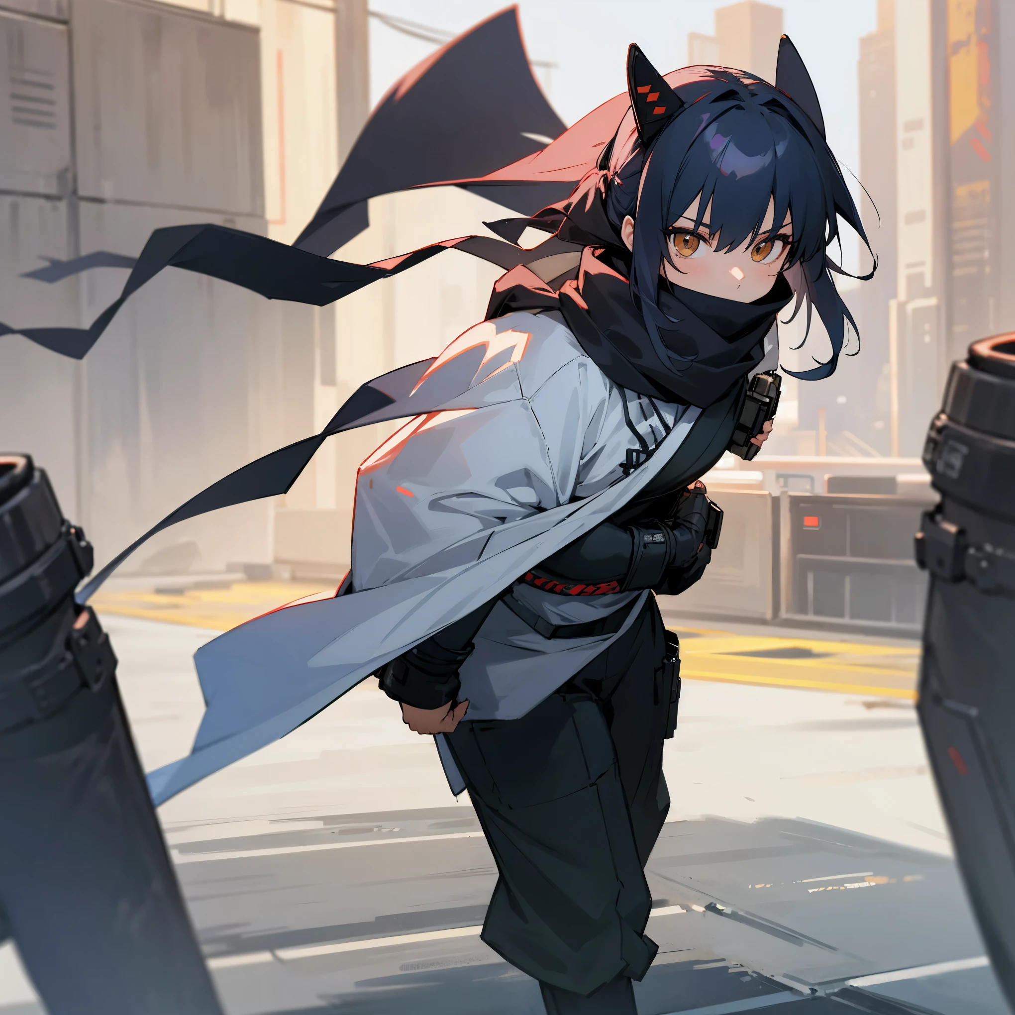 1female , Ninja Clothing , Black Yukata White Scarf , Combat clothing , standing on path , Modern City Background , Hands at side