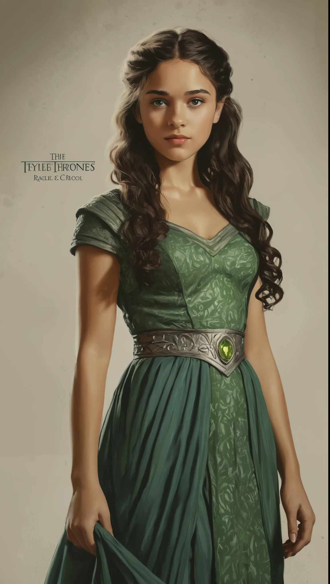 An illustrated movie poster, hand-drawn, full color, a Westerosi age girl, wearing a regal dress, r sun-tanned complexion, peridot eye color, dark hair, long loose curls, waist-length hair, posing on a pedestal, hard shadows, graphite shading, stencil marks, airbrushed acrylic paint, masterpiece, in the style of Game of Thrones 
