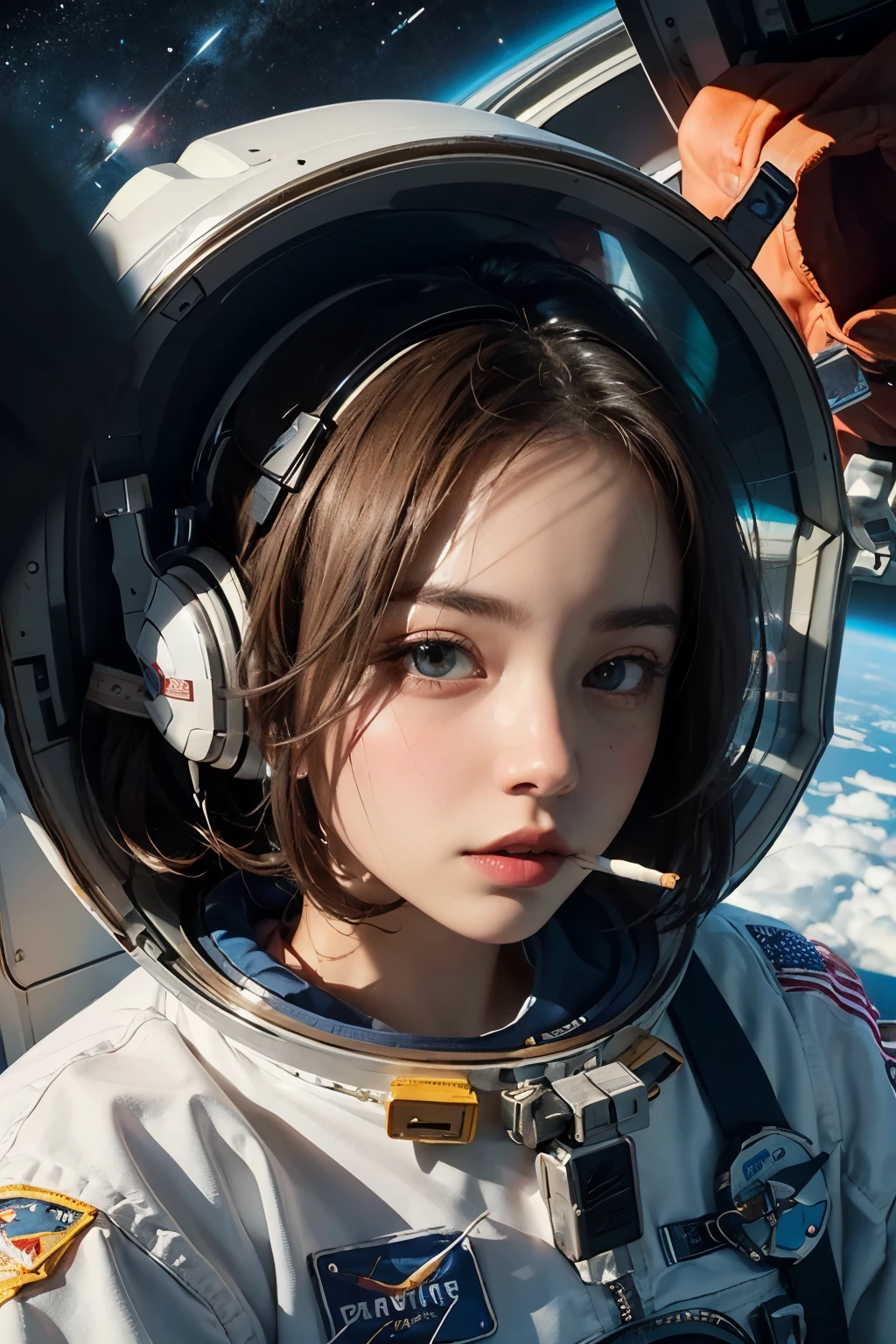 ((best quality)), ((masterpiece)), (detailed), perfect face astronaut in space smoking a joint