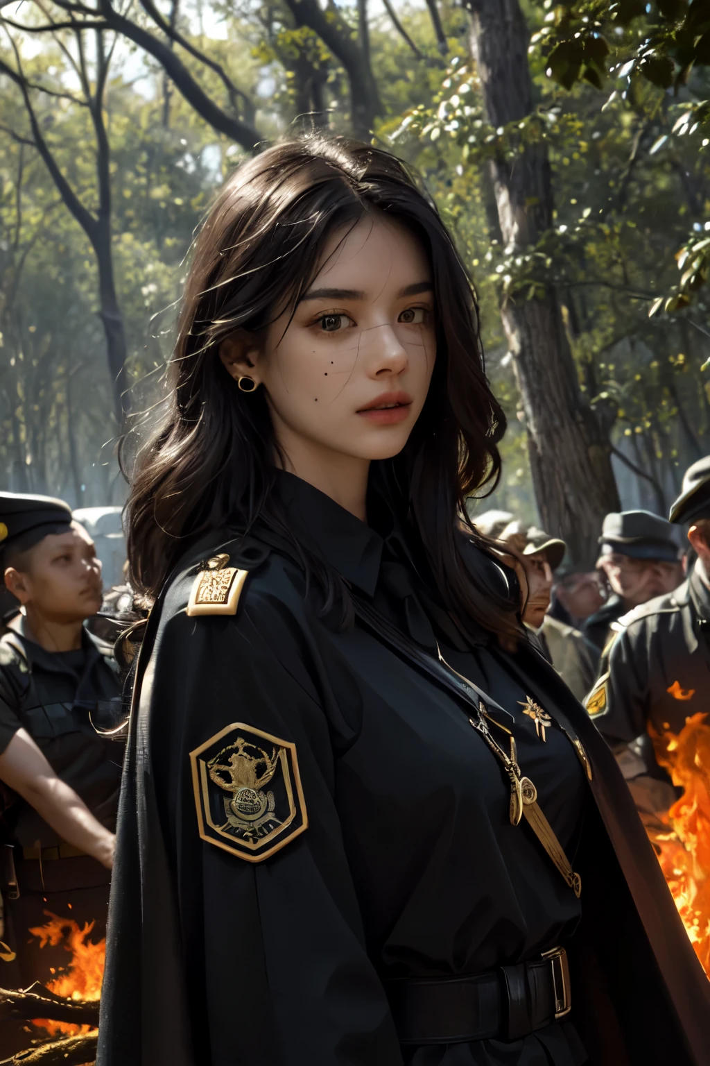 realistic, masterpiece, best quality, close-up, lips , upper body, no makeup, mature female, cowboy shot, black hair, military uniform, black military shirt, black cape , , badge, military shirt , valor , golden badge , military badge, depth of field, long hair, mole under eye, black gloves, earrings, gloves, crowded place , crowd, evening, branch, dead tree, fireflies, sparkle, fire_sparkle , fire , , holding fire , scar_on_eye , military badge , medals , blood , bleeding , on fire forest , burning trees , military valor , burning background , crowded place , , big fire ,