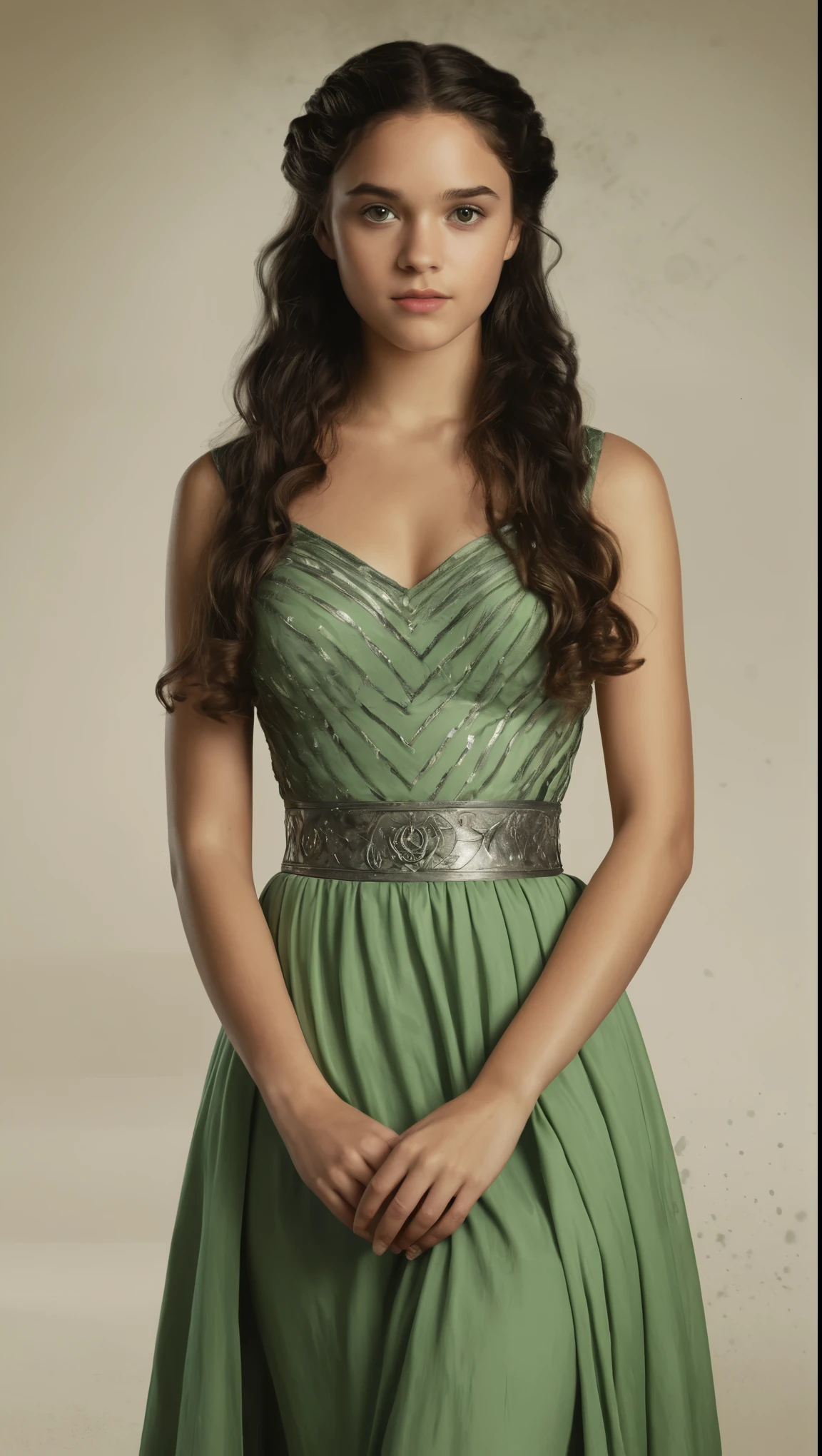 An illustrated movie poster, hand-drawn, full color, a Westerosi age girl, wearing a regal dress, r sun-tanned complexion, peridot eye color, dark hair, long loose curls, waist-length hair, posing on a pedestal, hard shadows, graphite shading, stencil marks, airbrushed acrylic paint, masterpiece, in the style of Game of Thrones