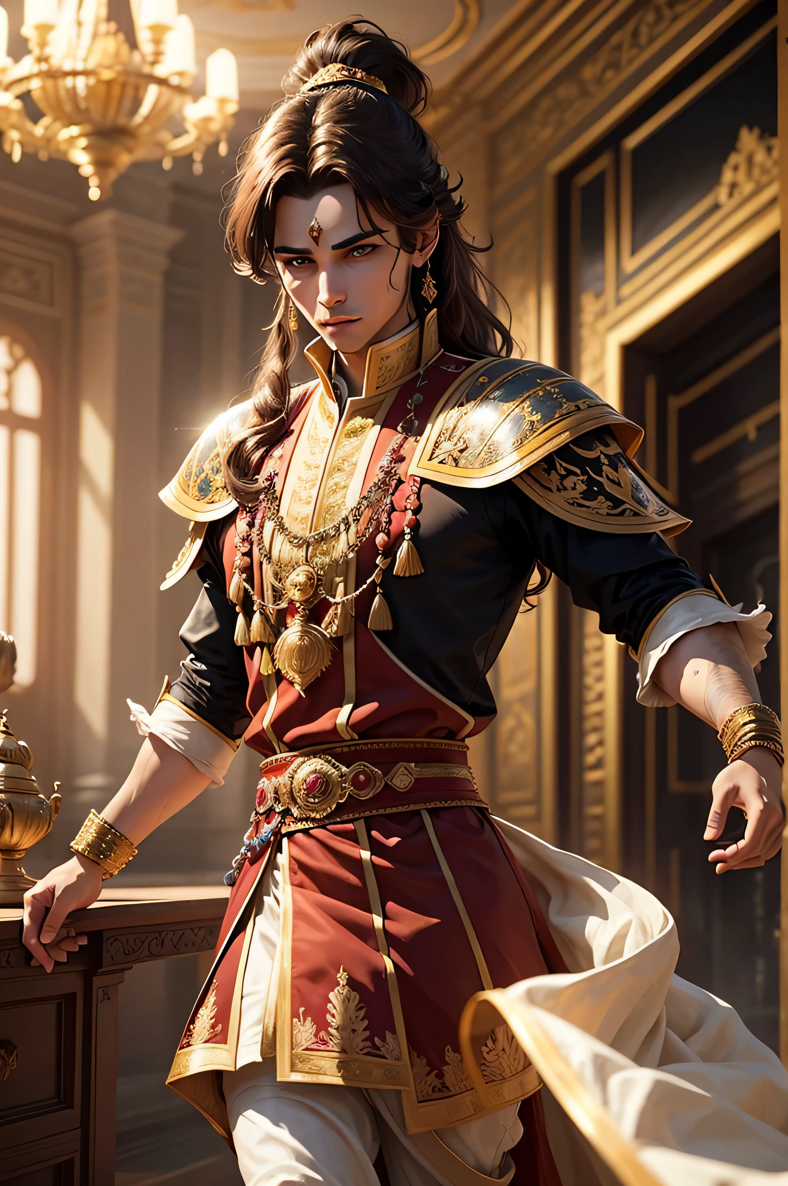 young prince in a palace, luxury royal palace, volumetric lighting, 8k resolution, photorealistic, ultra-high quality, opulent detailed background, medium length dark brown hair, messy ponytail, wearing a fancy royal indian battle armor, having fun, running