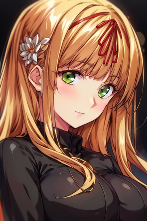 Simple Black Background, Black shirt,long sleeves,turtleneck, skirt, hair ornament, ((Green eyes)), ((Blondes hair)) ,bangs,Long hair, 1 girl, 20yo,Young female,Beautiful long legs,Beautiful body, Beautiful Nose,Beautiful character design, perfect eyes, perfect face,expressive eyes,perfect balance, looking at viewer,(Focus on her face),closed mouth, (innocent_big_eyes:1.0),(Light_Smile:0.3), official art,extremely detailed CG unity 8k wallpaper, perfect lighting,Colorful, Bright_Front_face_Lighting,White skin, (masterpiece:1.0),(best_quality:1.0), ultra high res,4K,ultra-detailed, photography, 8K, HDR, highres, absurdres:1.2, Kodak portra 400, film grain, blurry background, bokeh:1.2, lens flare, (vibrant_color:1.2),professional photograph, (Beautiful,large_Breasts:1.4), (beautiful_face:1.5),(narrow_waist),