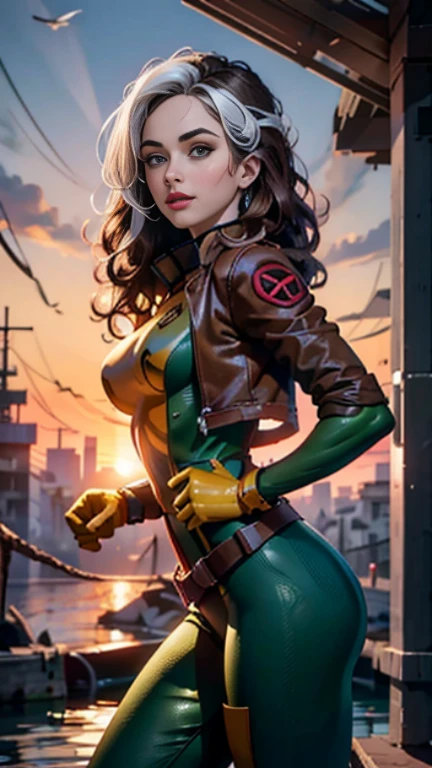 Karen Gillan、Wet、full body figure, long hair, brown hair, green eyes, lipstick, compensate, lips,Emphasize cleavage、 sexy、White stripes in hair, like, wavy hair, messy hair, curly hair, middle～big breasts, Surface Plot, ((Kelli Berglund:Bailee Madison:0.5)), 黄colorのスーツ, Jacket, gloves, belt, gloves amarillos, Green Suit, (body suit:1.4), Traje multicolor, (superhero:1.4), tight skin, Ropa multicolor, Garden and wisteria background, official art, extremely detailed CG 8k wallpaper, perfect lighting, De color, bright_amount_method_light, piel bright, (masterpiece:1.0), (Better_quality:1.0), ultra high resolution, 4k , Super detailed, director of photography, 8k, HDR, Altas Resolightones, (disorganized:1.2), kodak portrait 400, film grain, blurred background, (Bokeh:1.2), Lens flare, (lively_color:1.2), professional photography, (beautiful_method:1.5),More detailed 8K.unreal engine:1.4,Hmm,La Better calidad:1.4, realistic:1.4, skin temperature:1.4, masterpiece:1.8,masterpiece, Better calidad,object object], (detailed facial features:1.3),(Antesedentes apocalyptic destroyed city:1.4), (Apocalyptic Sunset:1.4)