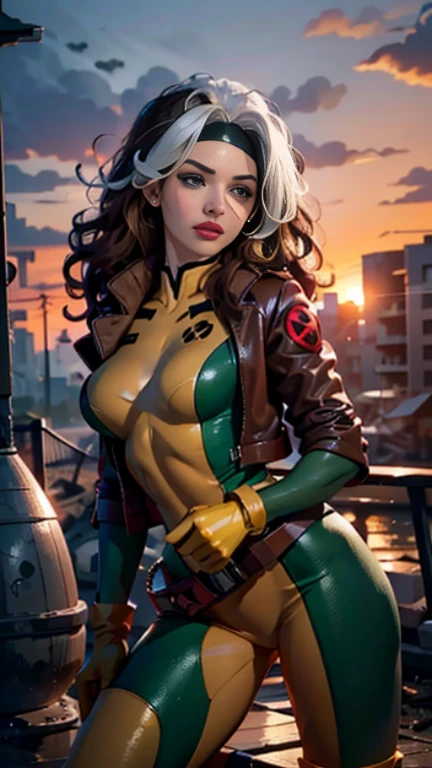 Karen Gillan、Wet、full body figure, long hair, brown hair, green eyes, lipstick, compensate, lips,Emphasize cleavage、 sexy、White stripes in hair, like, wavy hair, messy hair, curly hair, middle～big breasts, Surface Plot, ((Kelli Berglund:Bailee Madison:0.5)), 黄colorのスーツ, Jacket, gloves, belt, gloves amarillos, Green Suit, (body suit:1.4), Traje multicolor, (superhero:1.4), tight skin, Ropa multicolor, Garden and wisteria background, official art, extremely detailed CG 8k wallpaper, perfect lighting, De color, bright_amount_method_light, piel bright, (masterpiece:1.0), (Better_quality:1.0), ultra high resolution, 4k , Super detailed, director of photography, 8k, HDR, Altas Resolightones, (disorganized:1.2), kodak portrait 400, film grain, blurred background, (Bokeh:1.2), Lens flare, (lively_color:1.2), professional photography, (beautiful_method:1.5),More detailed 8K.unreal engine:1.4,Hmm,La Better calidad:1.4, realistic:1.4, skin temperature:1.4, masterpiece:1.8,masterpiece, Better calidad,object object], (detailed facial features:1.3),(Antesedentes apocalyptic destroyed city:1.4), (Apocalyptic Sunset:1.4)