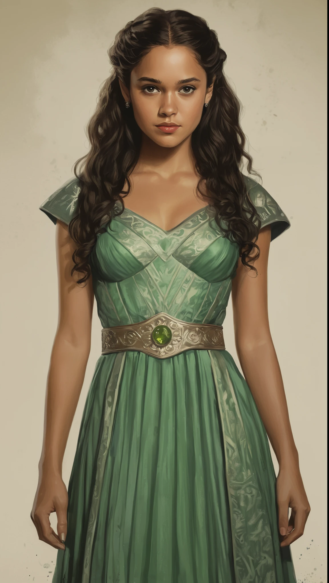 An illustrated movie poster, hand-drawn, full color, a Westerosi age girl, wearing a regal dress, r sun-tanned complexion, peridot eye color, dark hair, long loose curls, waist-length hair, posing on a pedestal, hard shadows, graphite shading, stencil marks, airbrushed acrylic paint, masterpiece, in the style of Game of Thrones