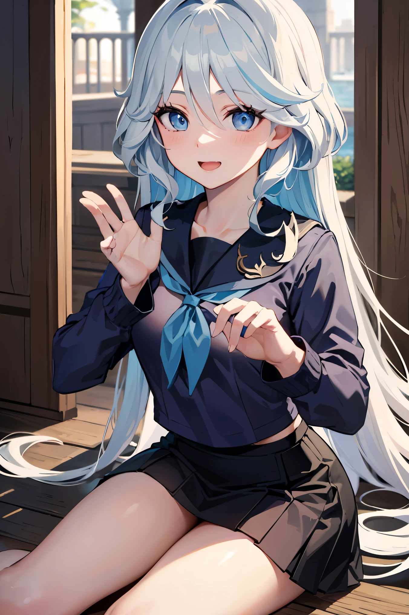 deep skin,textured skin, blue eyes, short light blue hair, smiling,
BREAK  (serafuku, sailor collar, green neckerchief, grey shirt, long sleeves, black skirt:1,2)
BREAK NSFW,portrait, solo, (full body:0.6), looking at viewer, BREAK outside a mansion with a garden around it.
BREAK (masterpiece:1.2), best quality, high resolution, unity 8k wallpaper, (illustration:0.8), (beautiful detailed eyes:1.6), extremely detailed face, perfect lighting, extremely detailed CG, (perfect hands, perfect anatomy),