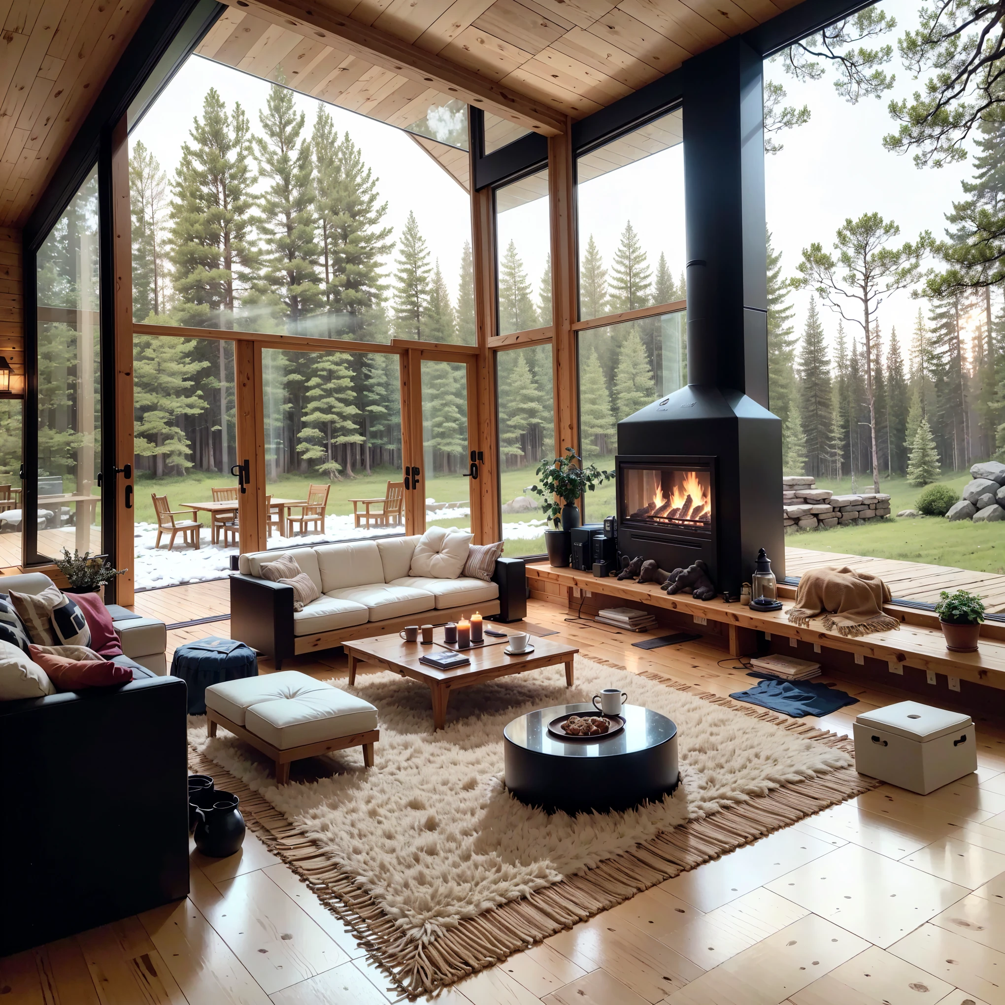 THIS EVENING WOODEN CABIN LIVING ROOM ANIME BACKGROUND, (COZY ATMOSPHERE), (SUBTLE LIGHTING), BRIGHT STONE FIREPLACE FIRE, LIONSKIN RUG THIS EVENING BEST QUALITY, TRANSPARENT GLASS WINDOWS