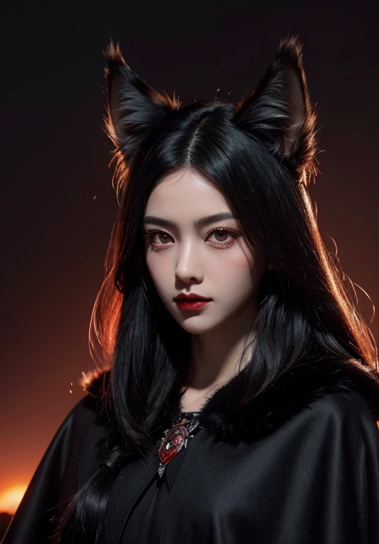 don't starve style, masterpiece, highest quality, Super detailed, figure, 1 girl, black long hair, bright red eyes, wolf ears, black cloak, fluffy collar, sunset