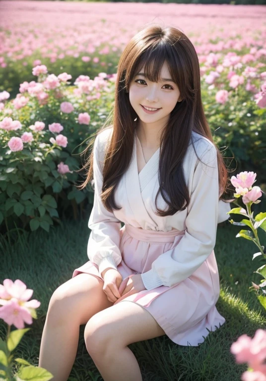 Anime girl in 80s anime style sitting in a flower field and looking at the camera, smile. Pastel
