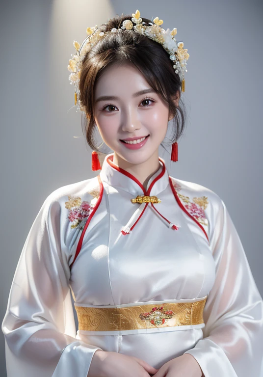 (high resolution photos, bust, 1 girl, 28 years old, woman, facial details, baby fat, waist accessories, Hand in hand, smile, Teeth look smaller, white skin, Upper body, traditional chinese costume, model pose, studio lighting)