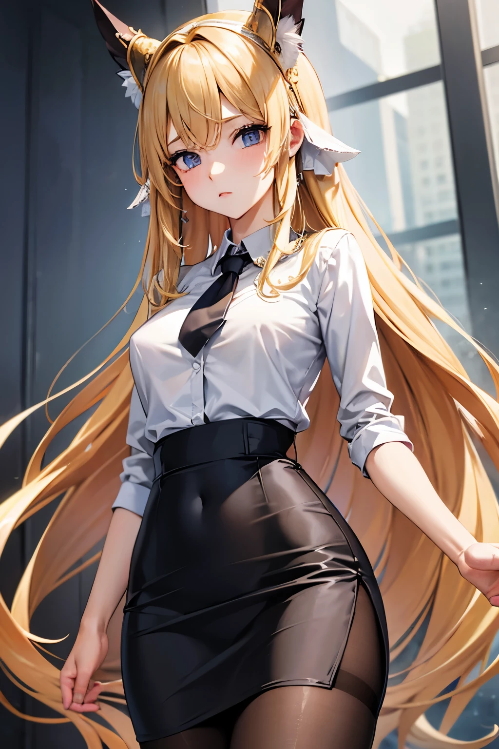 lease, blonde、long hair、suit figure、pantyhose、Photo from below、medium chest、bootini skirt、blouse、pencil skirt、black bra