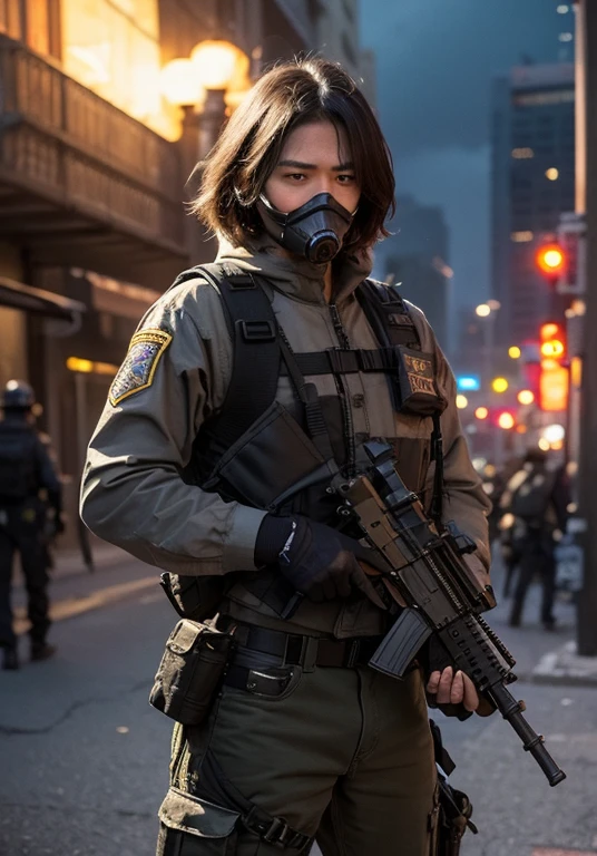 STAR15 mod, (masterpiece), (highest quality), (Super detailed), (best illustrations),(best shadow), looking at the viewer, cowboy shot, fiery destroyed city background, Tactical gear, tactical pouch, (gas mask:0.8), tactical armor, Assault rifle, handgun with holster, (frown:1.3)