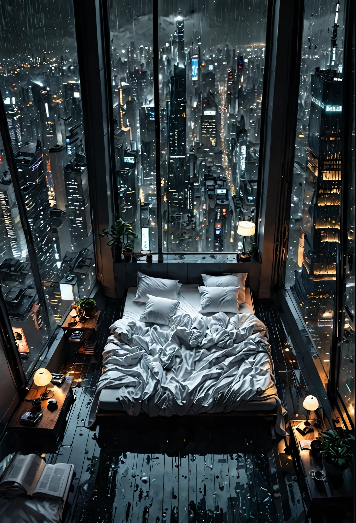 moody aesthetic, beautiful cozy, cramped bedroom with floor to ceiling glass windows overlooking a cyberpunk city at night, view from top of skyscraper, white bedsheets, bookshelves, thunderstorm outside with torrential rain, detailed, high resolution, photorrealistic, dark, gloomy,