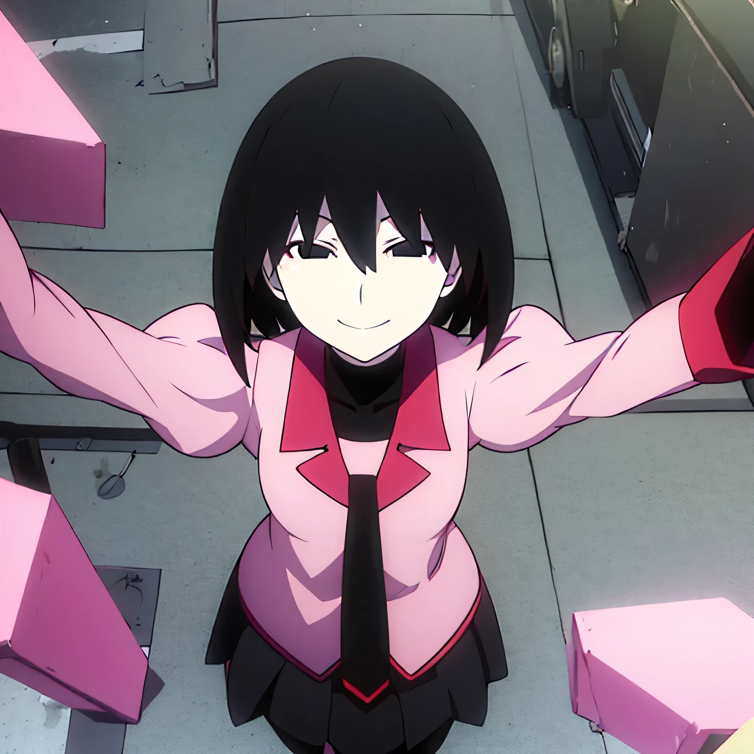 looking into camera, first person, falling on floor, girl with open arms, smile, Ougi, black eyes, black hair, empty eyes, bangs, bob cut, hair between eyes, pale skin, naoetsu high , pink shirt, black undershirt, puffy sleeves, bob cut, necktie, turtleneck, juliet sleeves, long sleeves