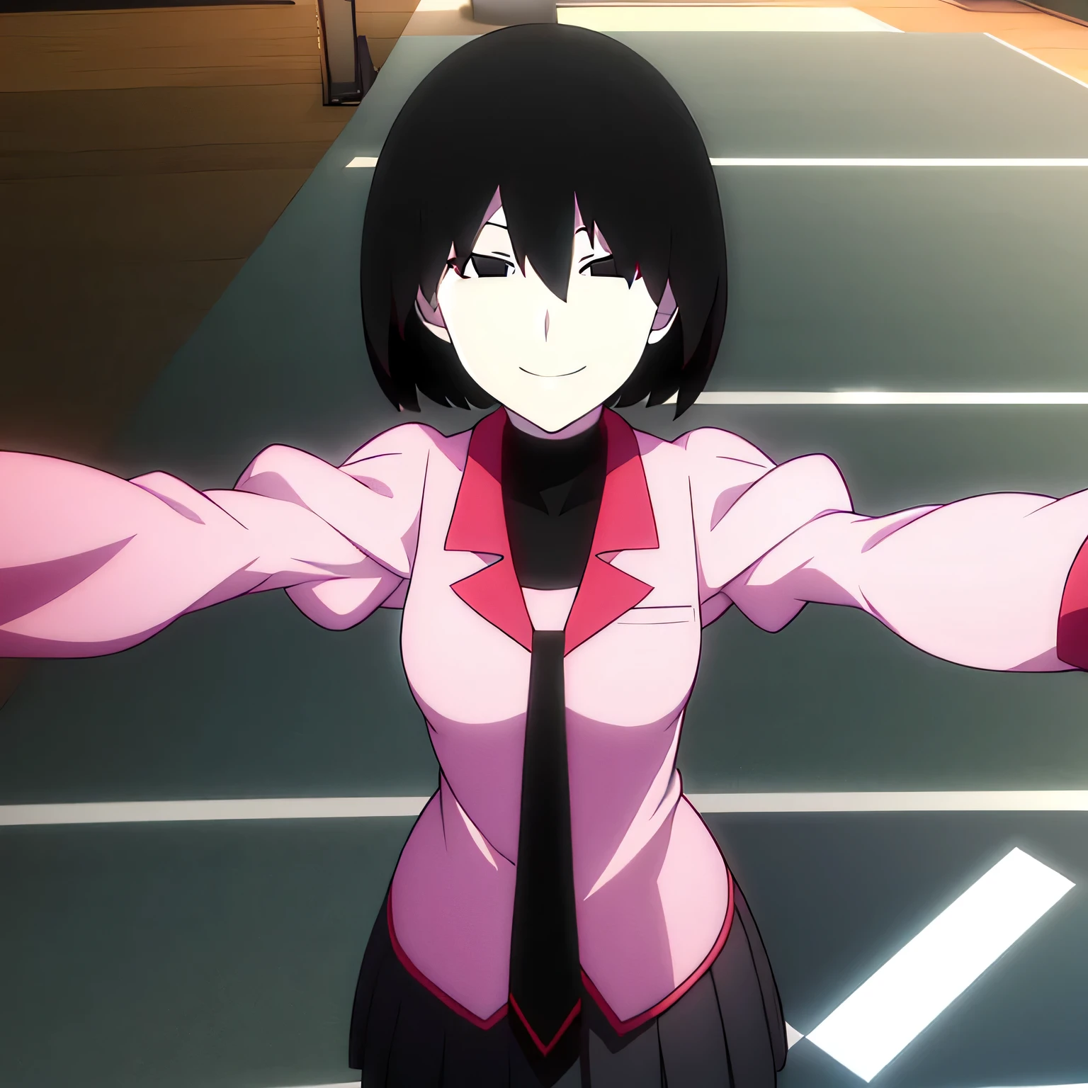 looking into camera, first person, falling on floor, girl with open arms, smile, Ougi, black eyes, black hair, empty eyes, bangs, bob cut, hair between eyes, pale skin, naoetsu high , pink shirt, black undershirt, puffy sleeves, bob cut, necktie, turtleneck, juliet sleeves, long sleeves