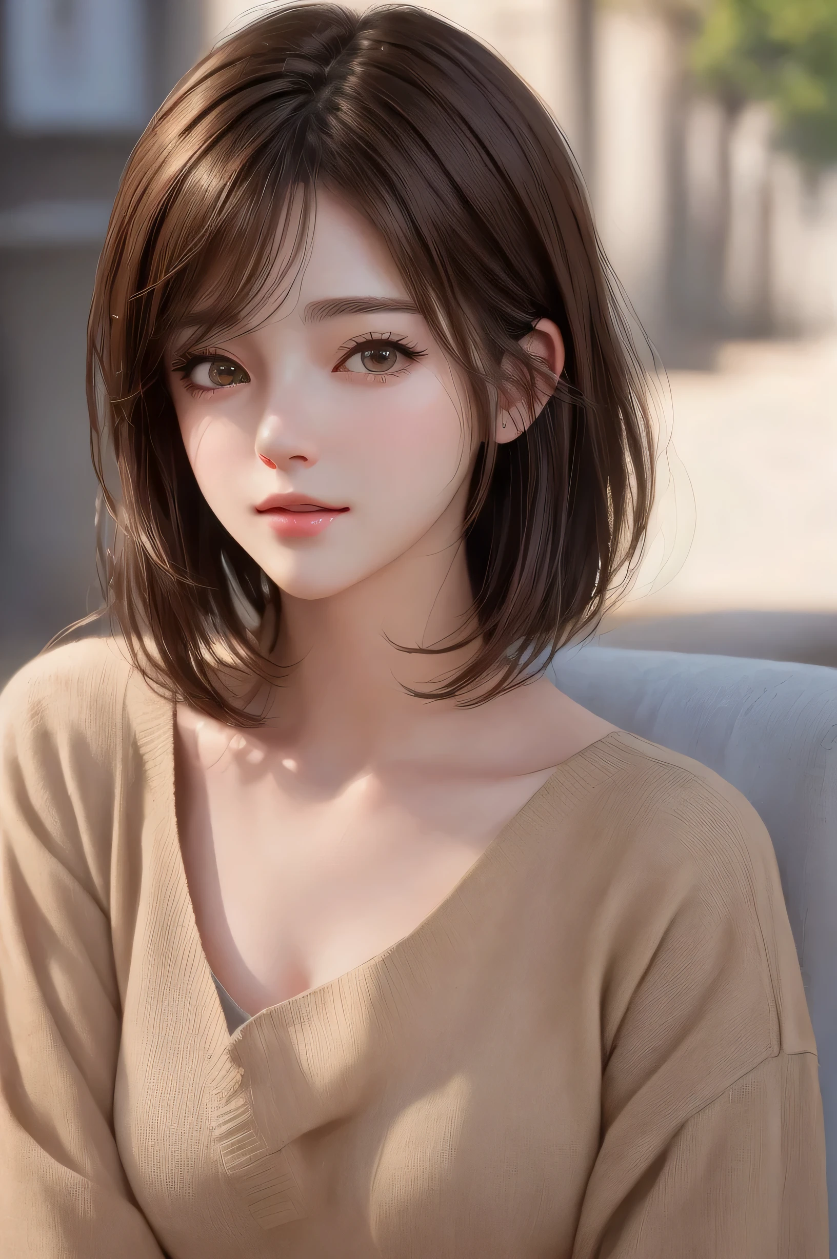 short hair、short hair、outdoor、Warm daytime、bright、Close up portrait of a woman with brown hair and brown shirt。, cute realistic portrait, Realistic anime 3d style, Photorealistic anime girl rendering, realistic 3d animation, realistic art style, 8K portrait rendering, realistic cute girl drawing, realistic art style, Smooth anime CG art, anime realism style, realistic beautiful face, realistic young anime girl