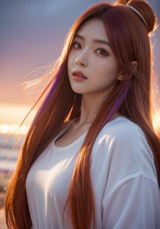colorful hair, gradient hair, carrot hair ornament, mole under eye, amber eyes, high detail, verism, hyper realism, modern art, cinematic lighting, shine, wide shot, f/1.2, highest quality, Award history, 8K, Super detailed, UHD