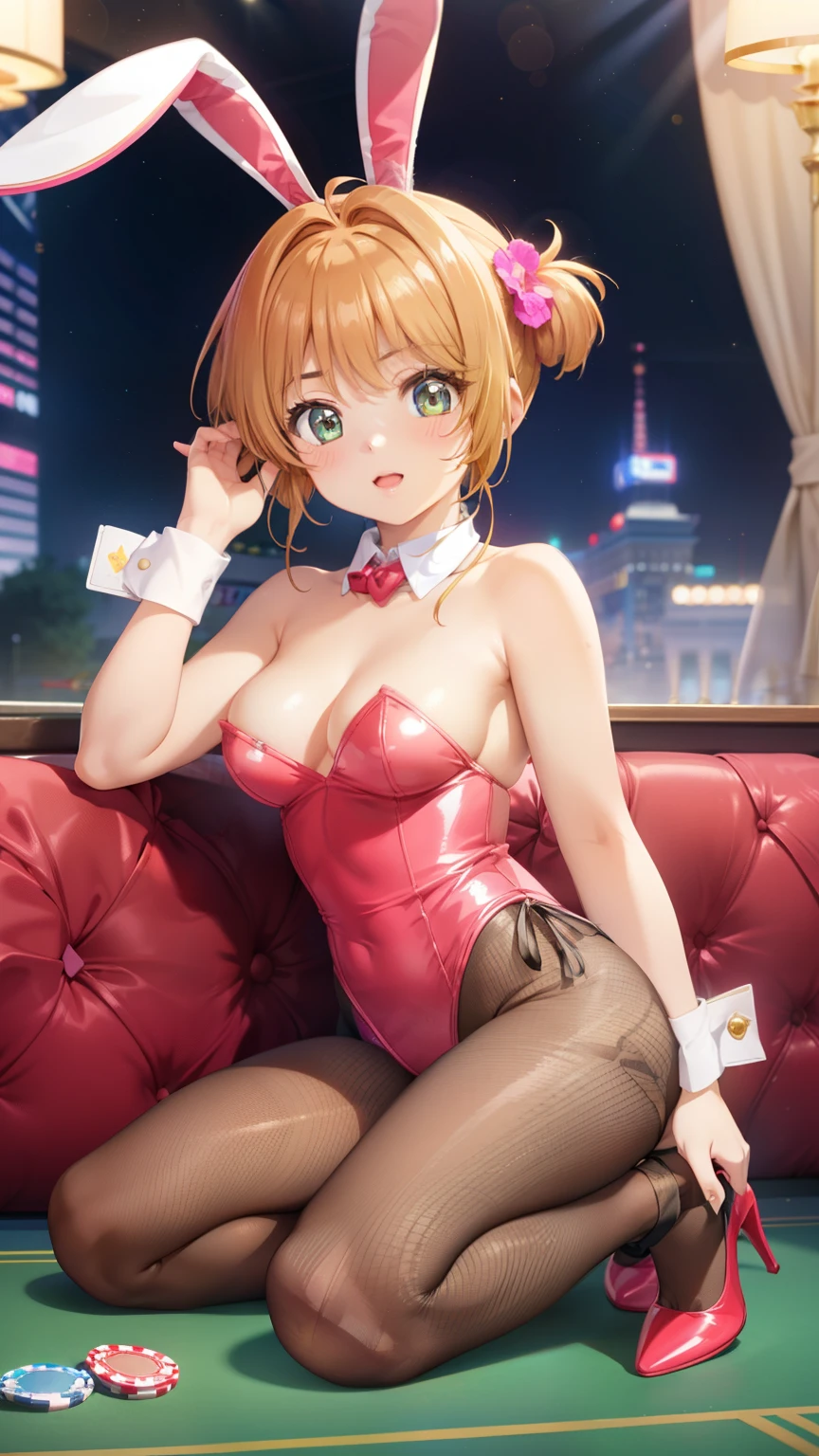 masterpiece, best quality, highres, 1girl, detailed face, blush, anime CG style, (medium breasts), (18 year old girl), good lighting, perfect body, sakura kinomoto, bunnygirl, bunny ears, strapless leotard, fishnet tights, detached collar, wrist cuffs, high heels, casino, glossy lips,