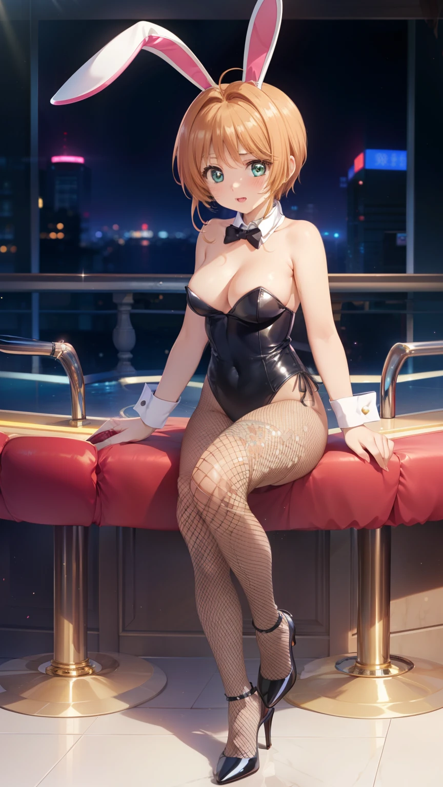 masterpiece, best quality, highres, 1girl, detailed face, blush, anime CG style, (medium breasts), (18 year old girl), good lighting, perfect body, sakura kinomoto, bunnygirl, bunny ears, strapless leotard, fishnet tights, detached collar, wrist cuffs, high heels, casino, glossy lips,