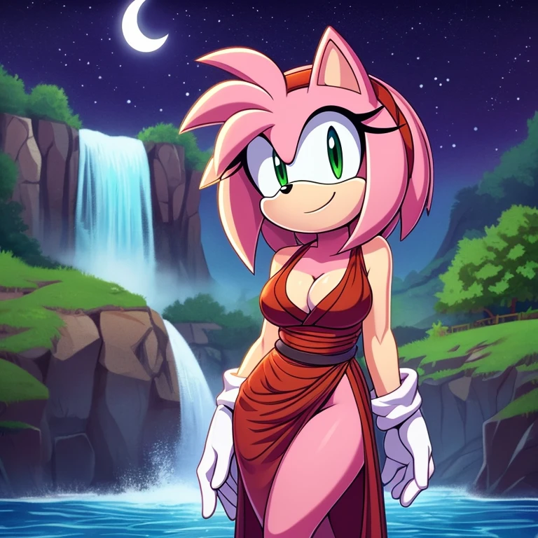 amy rose, cel shading, red white harem outfit, medium breasts, revealing clothing, cleavage, ninja, pelvic curtain, Japanese clothing, sleeveless, green hill , night , waterfall , crescent moon symbol, (2d style), 2d, (traditional illustration style), high quality , studio quality , detailed , refined detail , perft hands , white gloves , ( 2d style , 2d , tradicional ilustracion style , high quality ,