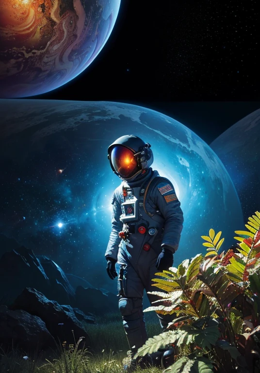 HD details, Close-up of a man in a space suit, background planet, psychedelic space horror, psychedelic illustration, outer space, Plant growing, Psychotic universe, Background Space Graphic Art, Space illustration, outer space, Cosmic LSD Poster Art, DMT space behind, Space Scene, surreal space, Space style