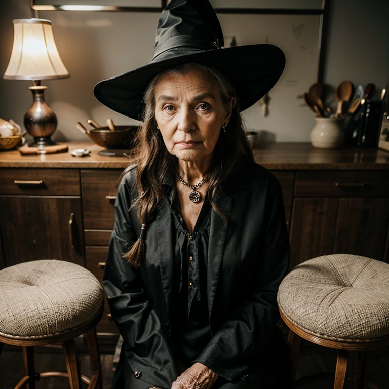 elderly woman with a witch's appearance in luxurious clothes sitting on a stool
