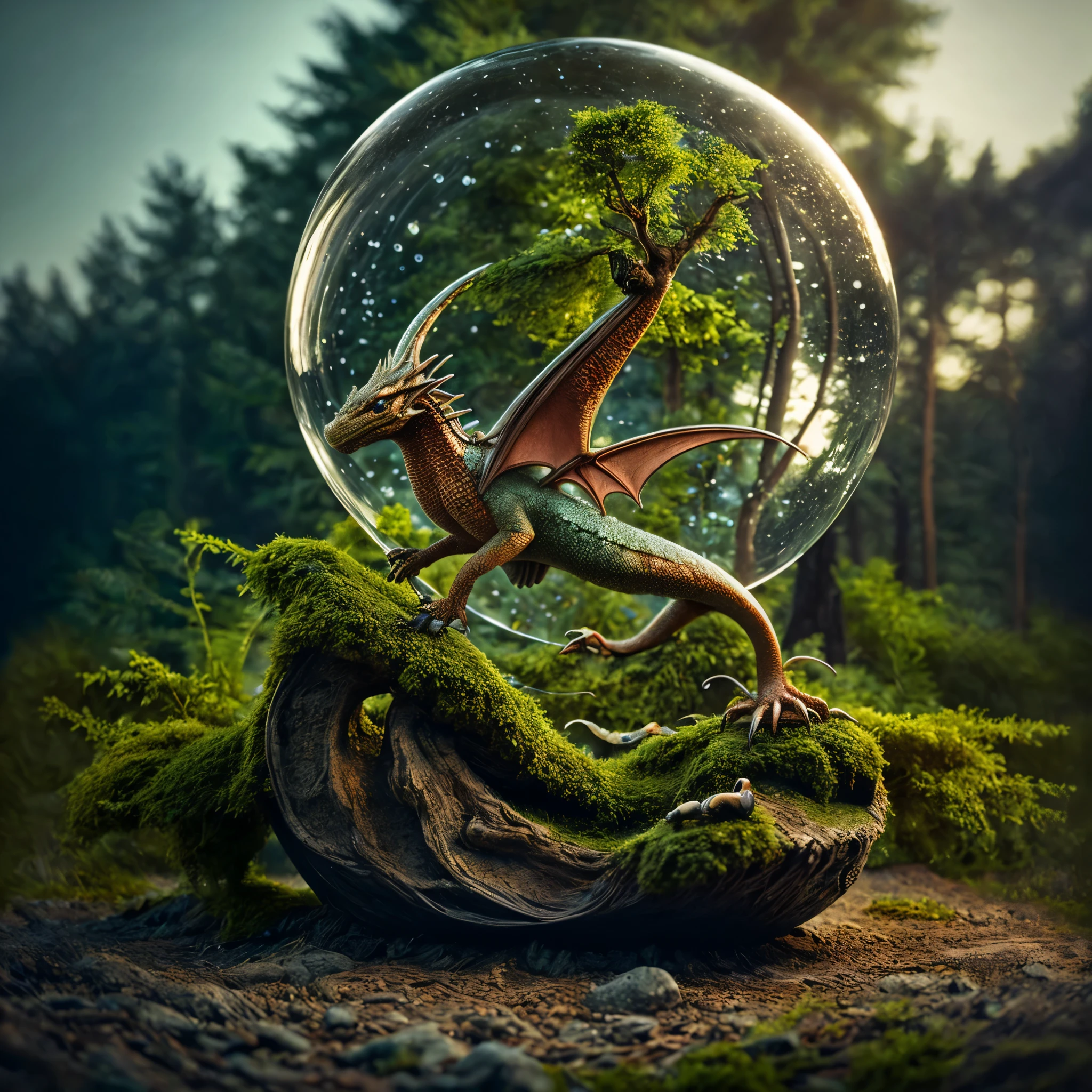 (An intricate mini-forest-landscape of a minidragon trapped in a bottle), atmospheric oliva lighting, on the  table, 4k UHD, dark vibes, hyper detailed, vibrant colours forest background, epic composition, octane render, sharp focus, high resolution isometric, bubblerealm photorealistic documentary shot