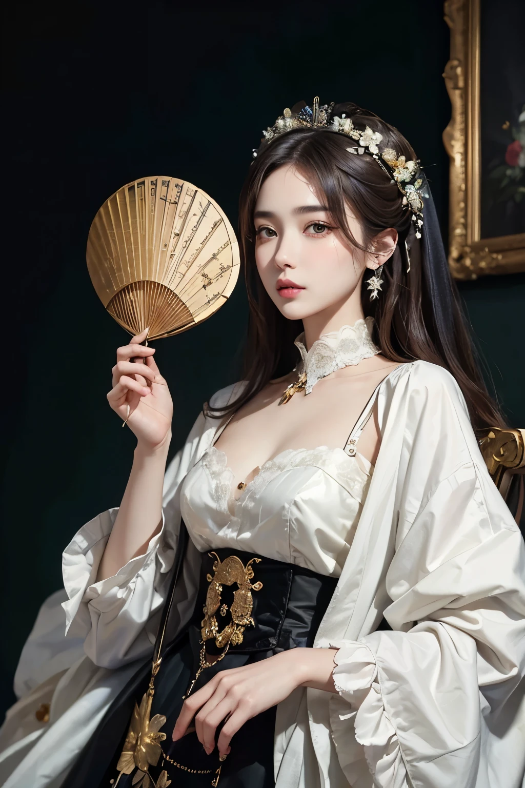 ((best quality)), ((masterpiece)), (detailed), perfect face, Korean beauty holding a fan in her hand, Giovanni Boldini(Giovanni Boldini), perfect hands, clothes:random color