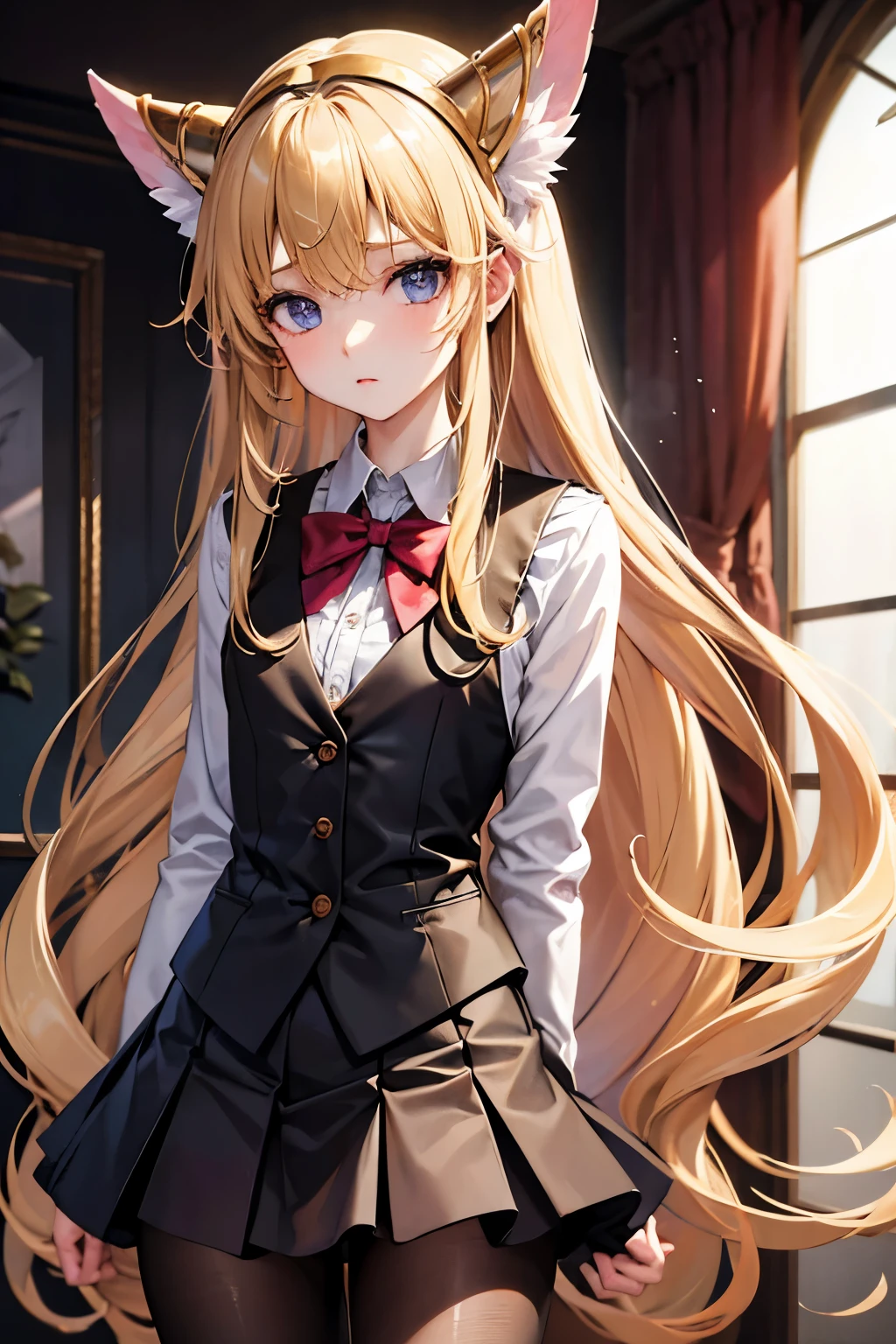 lease, blonde、long hair、suit figure、pantyhose、Photo from below、medium chest、bootini skirt、blouse、vest、headband