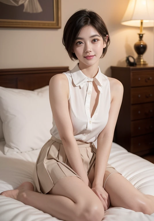 (8K, Raw photo, highest quality, master:1.2), (realistic, photo-realistic:1.37), super detailed, 1 girl, cute, alone, beautiful detailed sky, detailed face, night, sitting, date, (blush), (smile: 1.1), (shut up), big breasts, beautiful and delicate eyes, unbuttoned, (collar shirt: 1.1), bow tie, pleated skirt, (short hair: 1.2), flowing hair, long eyelashes, eye shadow, small face, Big eyes, full body shot, bare shoulders, indoor, bed