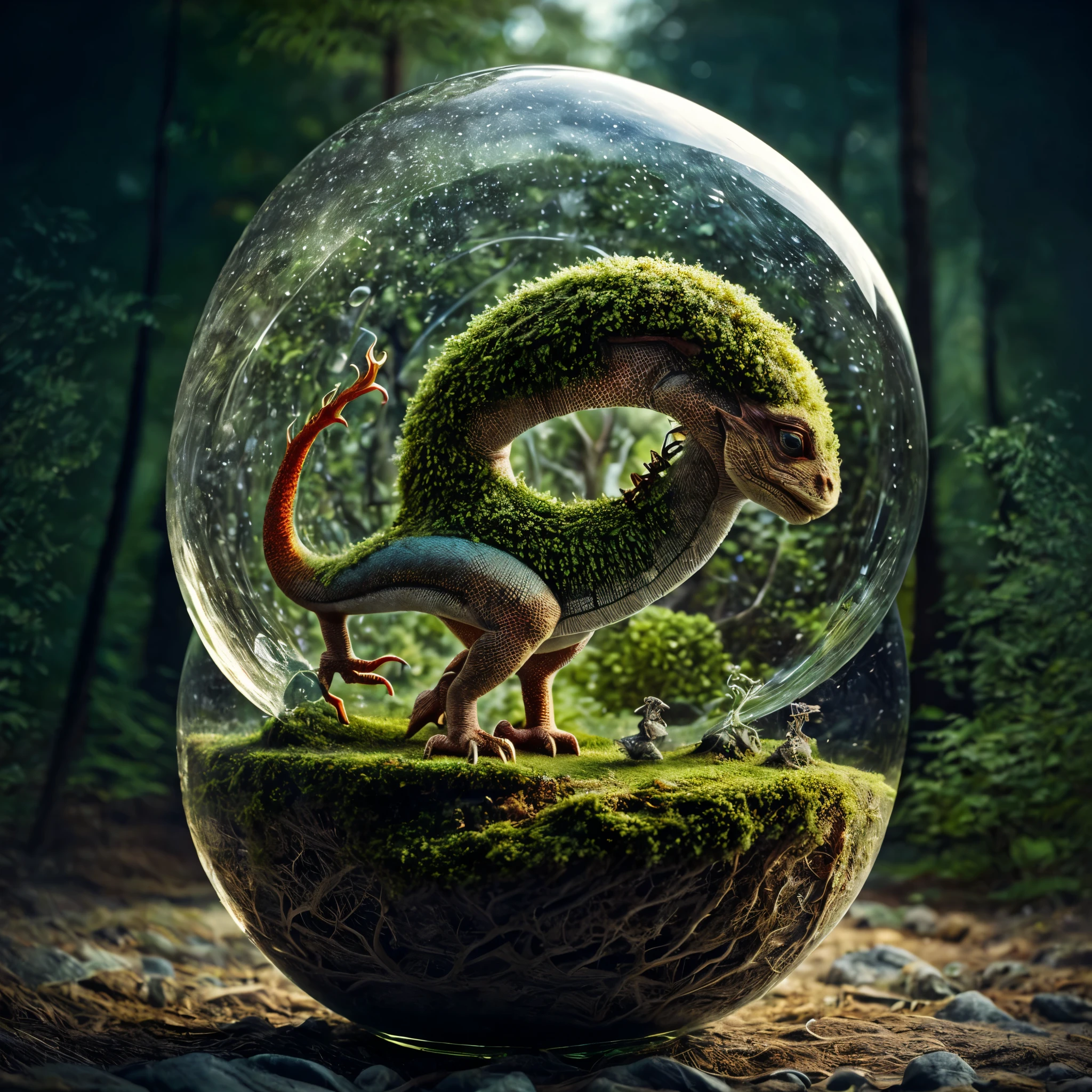 (An intricate mini-forest-landscape of a minidragon trapped in a bottle), atmospheric oliva lighting, on the  table, 4k UHD, dark vibes, hyper detailed, vibrant colours forest background, epic composition, octane render, sharp focus, high resolution isometric, bubblerealm photorealistic documentary shot