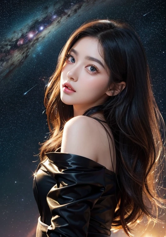 4k ultra high definition, masterpiece, Girl with magical powers, good face, Long hair, Shiny hair, Delicate eyes, Glossy lips, Wearing a black dress, The aura around the body, Magical Effect, Emit red and yellow lights, Cosmic elements and ethereal atmosphere, A mix of bright lights and colorful nebulae, Space Background, Charming pose, Full body capture.