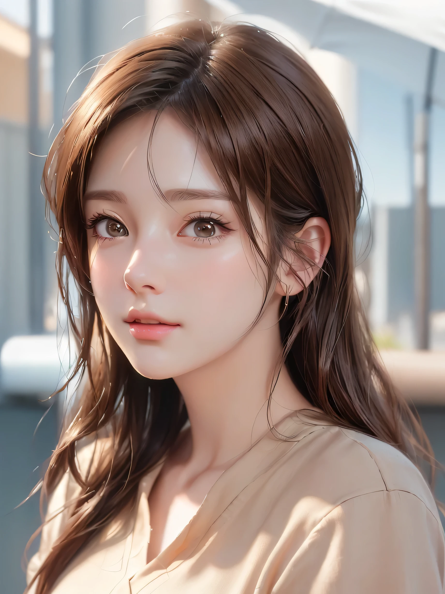 short hair、short hair、outdoor、Warm daytime、bright、Close up portrait of a woman with brown hair and brown shirt。, cute realistic portrait, Realistic anime 3d style, Photorealistic anime girl rendering, realistic 3d animation, realistic art style, 8K portrait rendering, realistic cute girl drawing, realistic art style, Smooth anime CG art, anime realism style, realistic beautiful face, realistic young anime girl