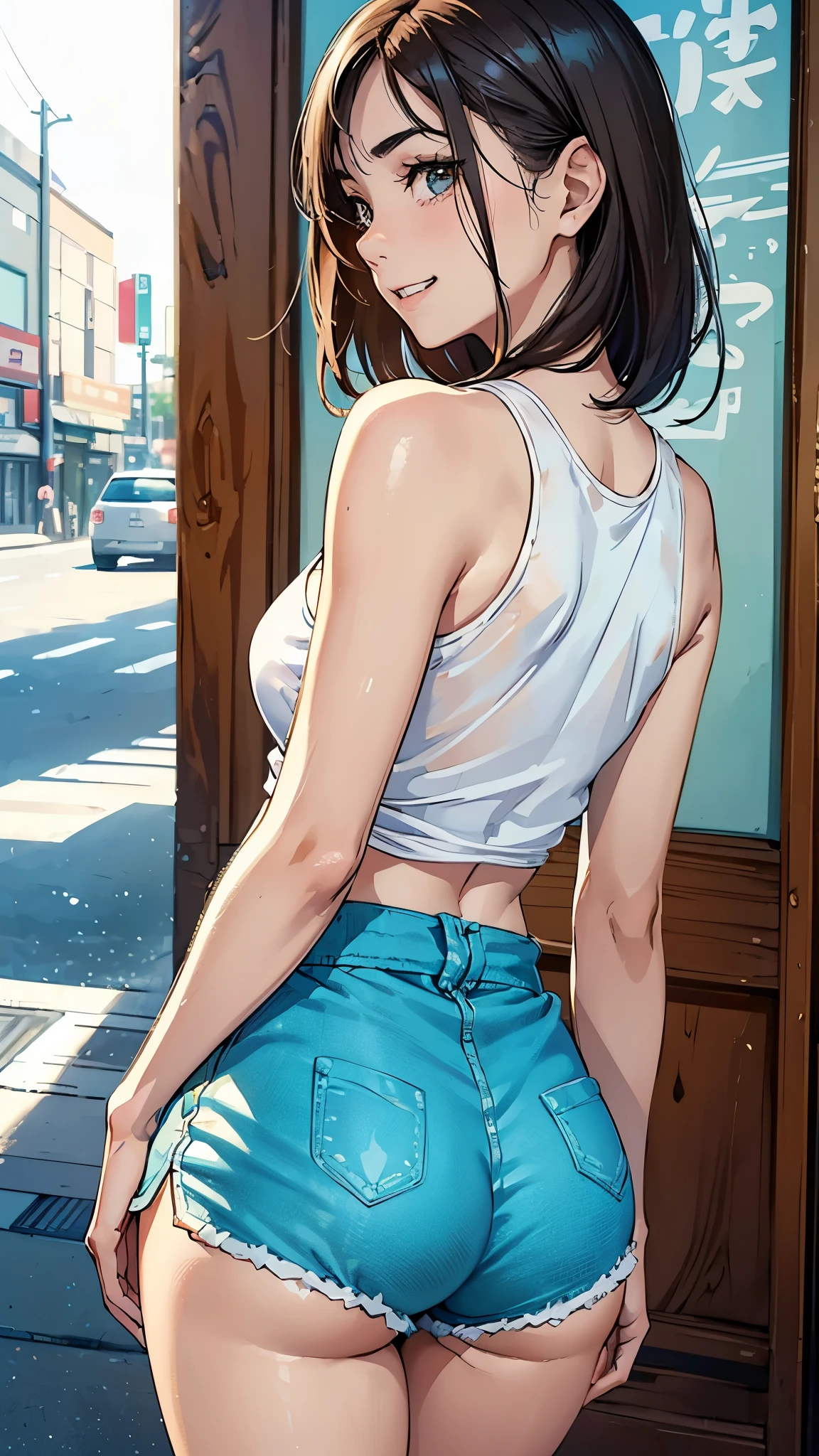 8K, Raw photo, highest quality, masterpiece, realistic, Photoreal, (1 Ultimate beauty), middle aged, highly detailed face, (perfect teeth), detailed eye, double eyelid, eyelash, grin and laugh, lip details, brunette bob, big breasts, (white tank top), ((dolphin shorts)), cowboy shot, Koen-dori in Tokyo, soft light, ((Depth of written boundary)) 

Please proceed with caution，((13 year old Japanese girl)), (((slim, thin waist, thin thighs, thin arms))), (((Rear view, realistic buttocks, small ass, retrospective diagram)))