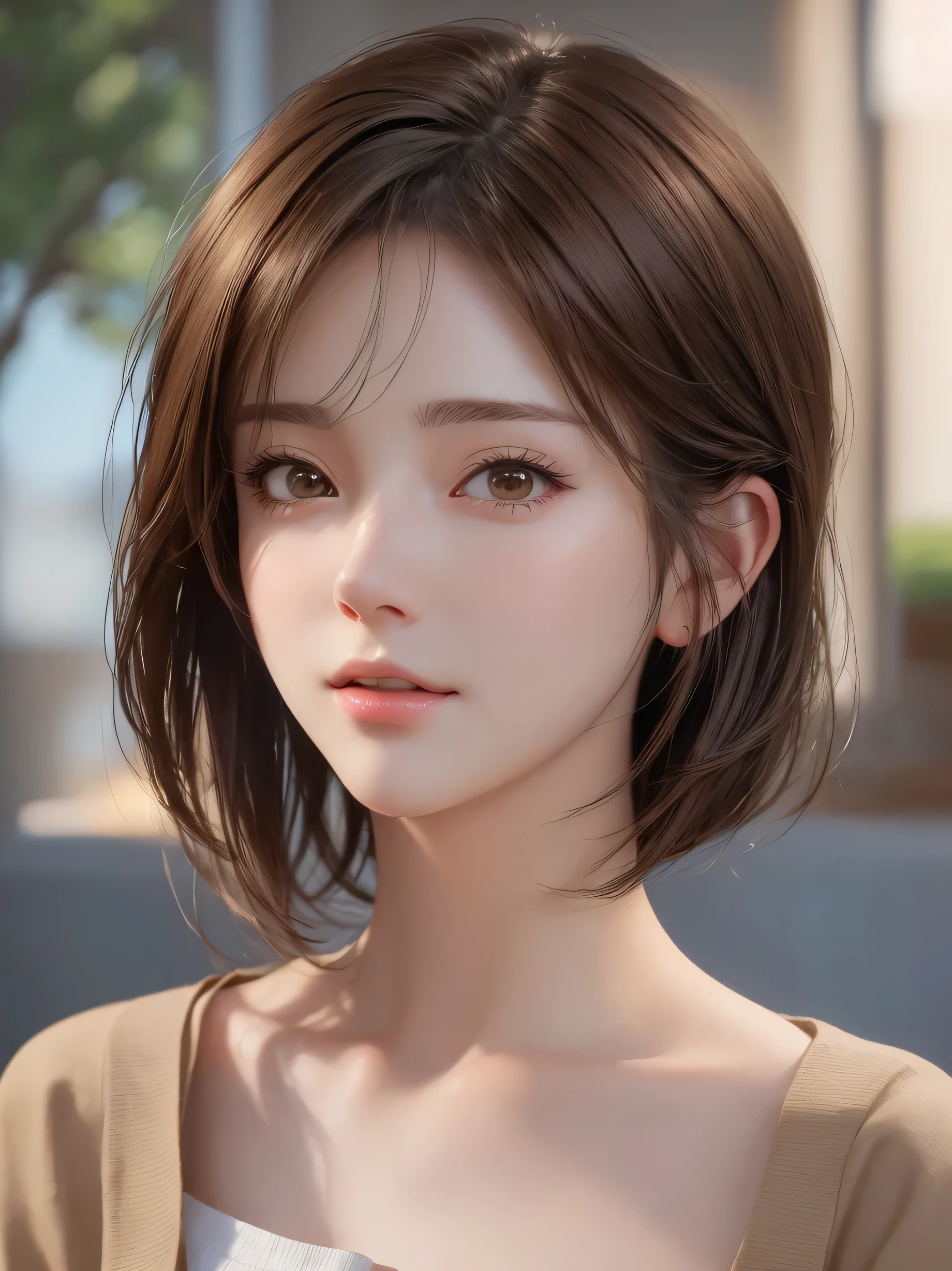 short hair、short hair、outdoor、Warm daytime、bright、Close up portrait of a woman with brown hair and brown shirt。, cute realistic portrait, Realistic anime 3d style, Photorealistic anime girl rendering, realistic 3d animation, realistic art style, 8K portrait rendering, realistic cute girl drawing, realistic art style, Smooth anime CG art, anime realism style, realistic beautiful face, realistic young anime girl