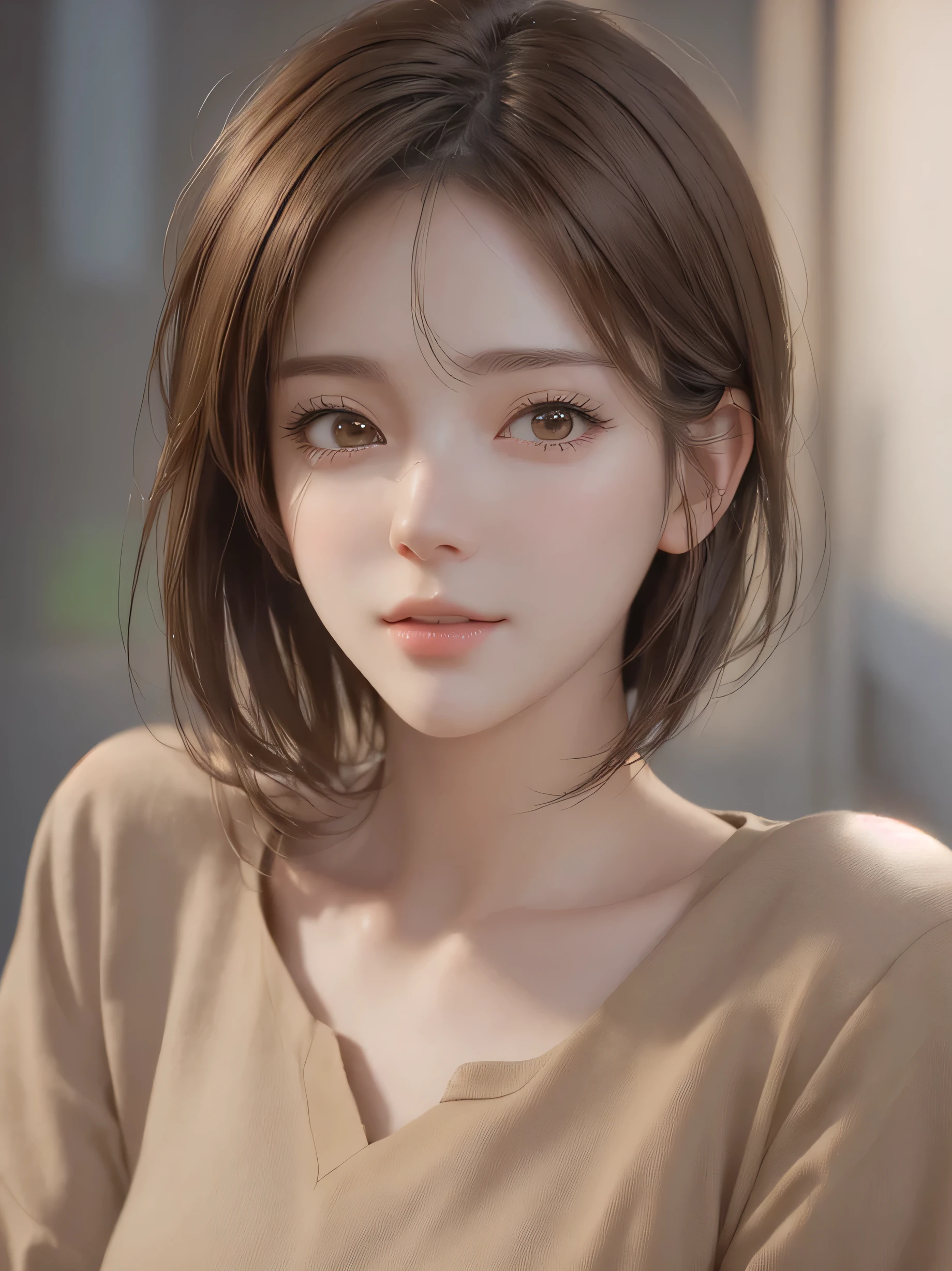 short hair、short hair、outdoor、Warm daytime、bright、Close up portrait of a woman with brown hair and brown shirt。, cute realistic portrait, Realistic anime 3d style, Photorealistic anime girl rendering, realistic 3d animation, realistic art style, 8K portrait rendering, realistic cute girl drawing, realistic art style, Smooth anime CG art, anime realism style, realistic beautiful face, realistic young anime girl