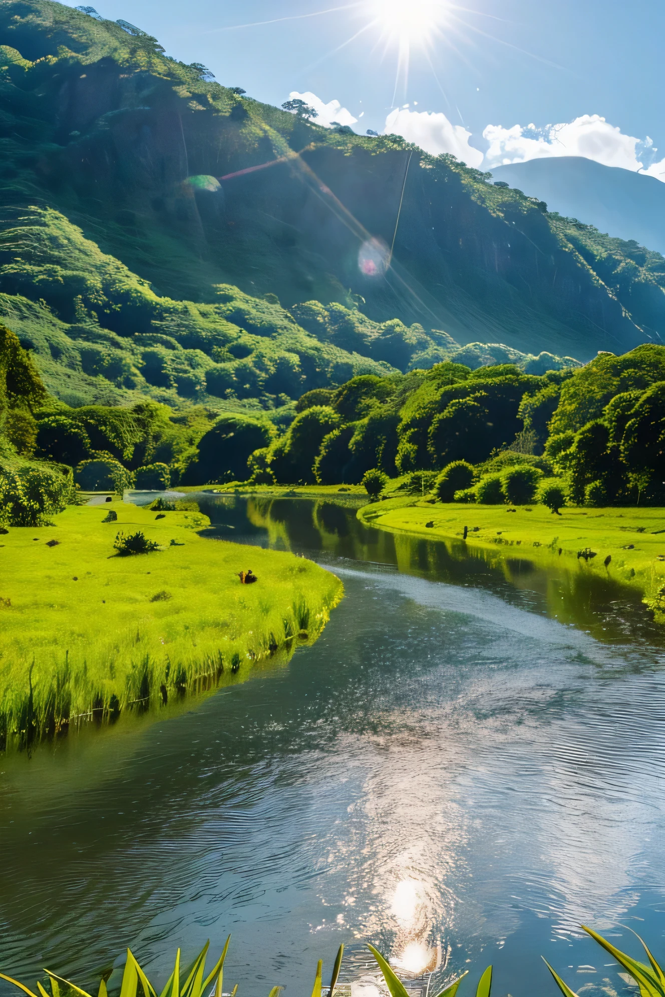 Beautiful hyper-realistic and super-detailed masterpiece that shows a lake in the middle of the mysterious river in the amazon forest, with the morning sunshine, Flying butterflies