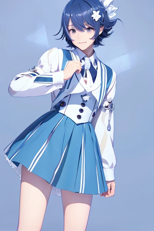 Anime illustration of a cross-dressing boy with short silver hair, light blue and white tones, facing forward